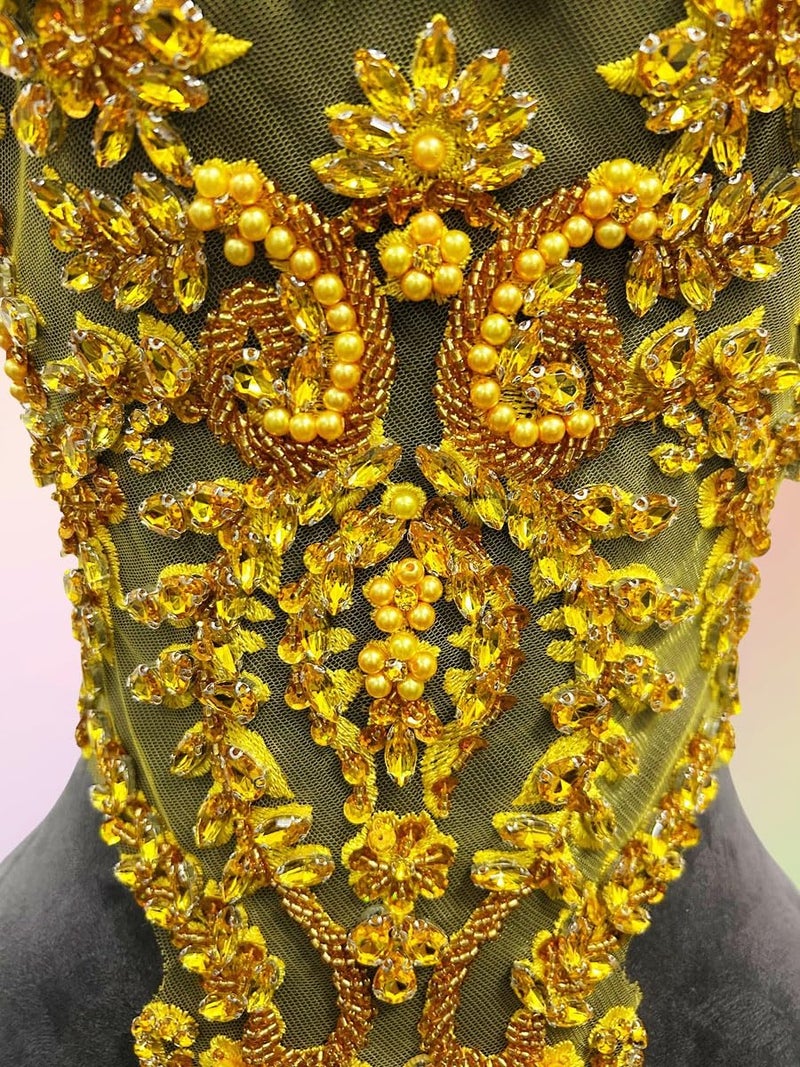 ArtistryXB Handmade Rhinestones Lace Bodice Applique Sew on Beads Sequins Trimming Patches for Dress Clothing Accessories 1Pcs/Bag (Gold) - Image 4